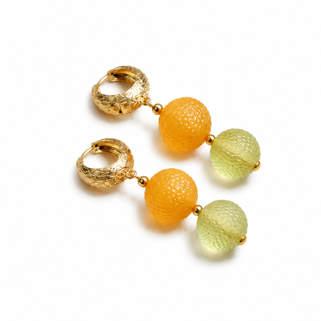 Léonie Baltic amber drop earrings in cognac and green amber — handcrafted in Lithuania by AMBER999