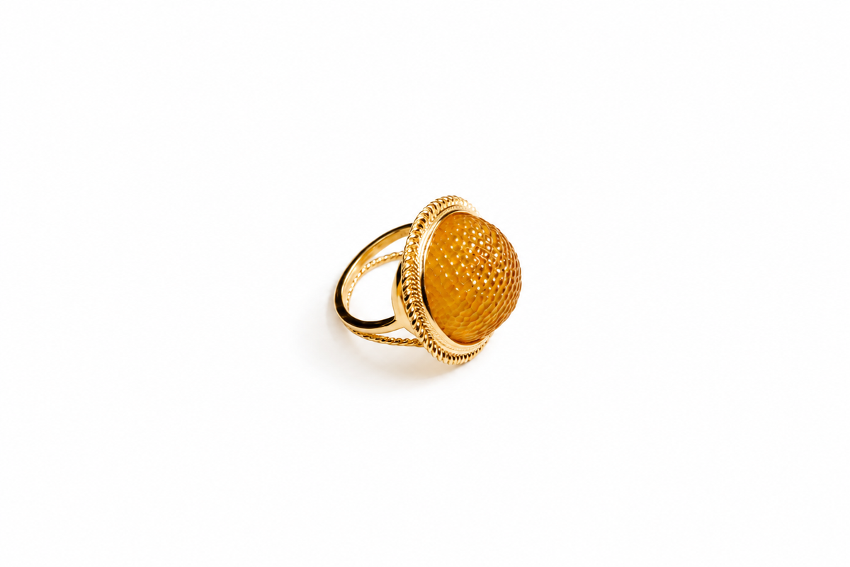 LULABI Baltic amber ring in silver & gold — cognac snake-skin amber beads, handcrafted in Lithuania — Baltijos gintaro papuošalai, rankų darbas Lietuvoje