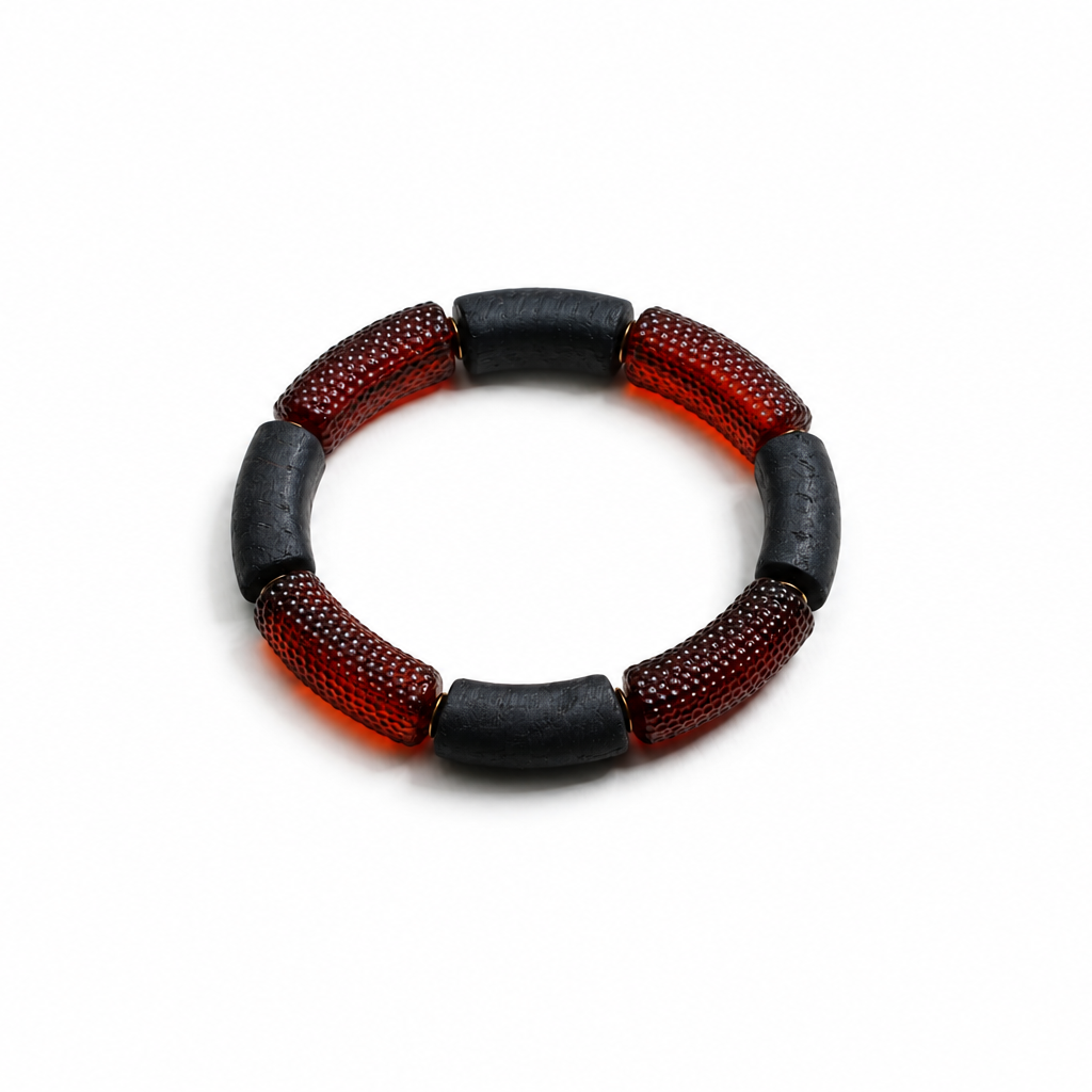 Rurik Baltic amber men's bracelet in matte black and dark cherry amber — handcrafted in Lithuania by AMBER999 — Baltijos gintaro papuošalai, rankų darbas Lietuvoje
