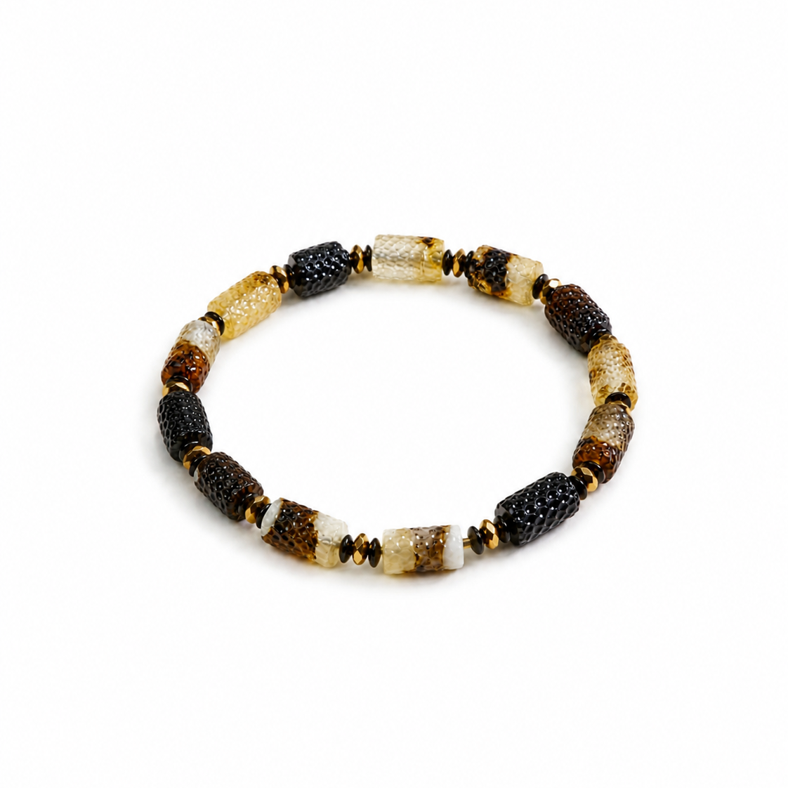 Pierre Baltic amber bracelet in black, white and cognac amber — handcrafted in Lithuania by AMBER999 — Baltijos gintaro papuošalai, rankų darbas Lietuvoje
